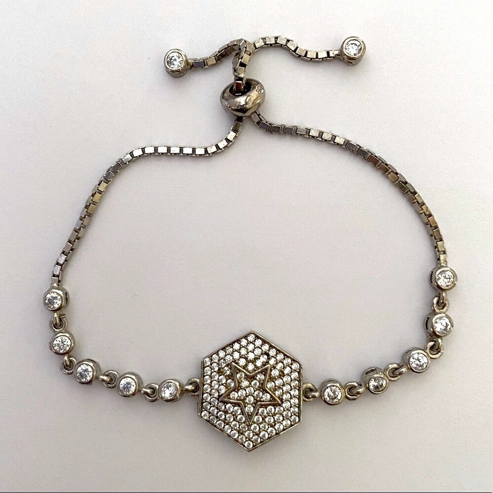 Star bracelet 925 silver clear cz stones slider hexagon star tennis slider